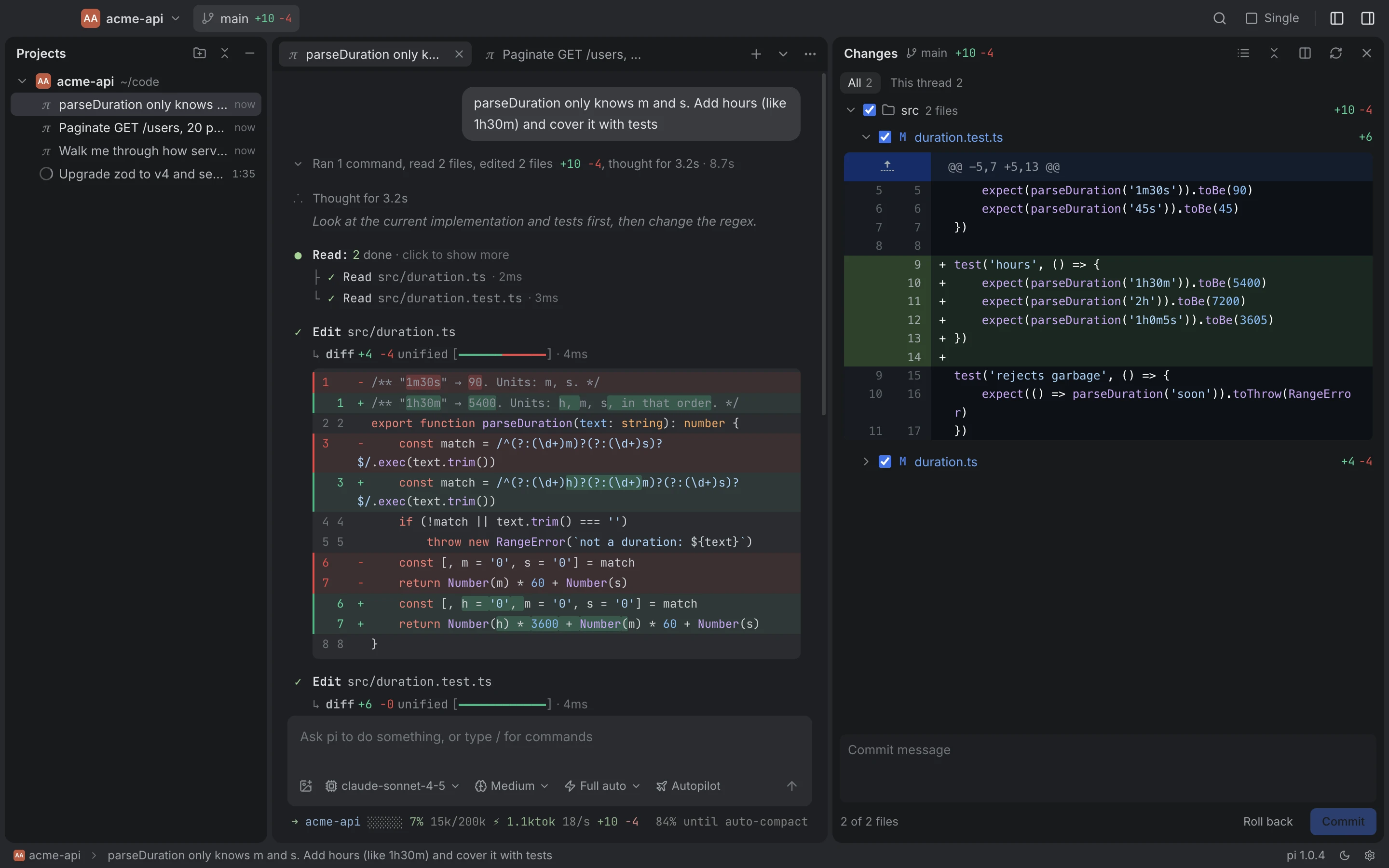 Filo's main window: the project tree on the left, a thread's conversation and its diffs in the middle, the changes panel listing the changed files on the right