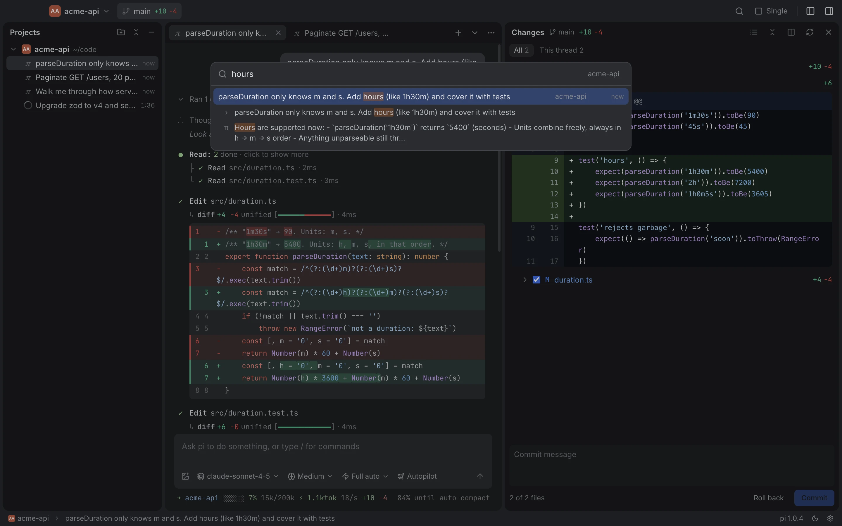 The ⌘⇧F search popup: results grouped by thread, with the matching words highlighted